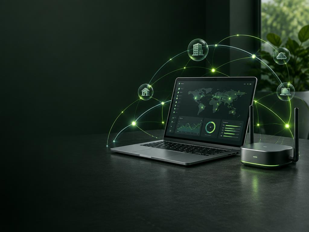 Notebook e roteador em uma rede empresarial